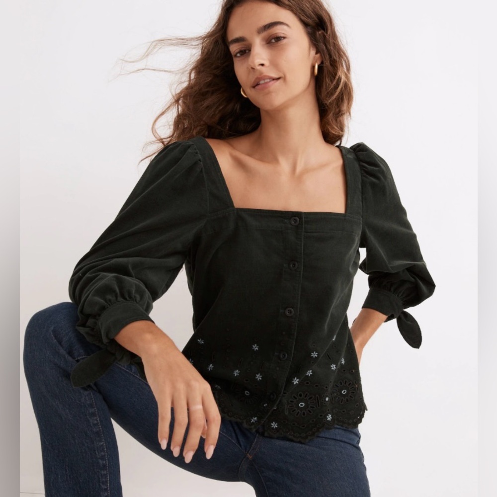 Madewell Embroidered Eyelet Corduroy Tie-Sleeve Top Cropped Green Medium